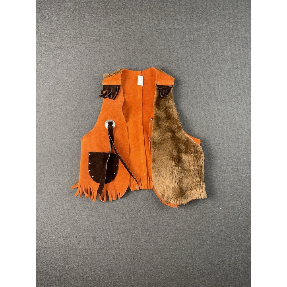 Vintage Boys Leather Cowboy Vest Faux Fur Fringe Orange Brown USA Made Medium